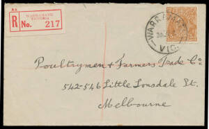 Warramate: 'WARRAMATE/30JY35/VIC.' largely very fine strike on KGV 5d on cover, red/white registration label. RO 1/9/1914; PO 1/7/1927; closed 30/9/1955. [Yarra Valley: 3km NE of Woori Yallock]