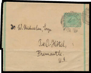 WRAPPERS: 1902 Double-Lined Borders &frac12;d emerald #WR1 locally used in 1905 with Fremantle duplex, horizontal fold at the base.