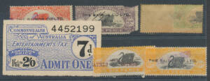 Useful unsorted batch of Litho Swans including a piece with 2/6d x7, another piece with "combination franking" of Duty Stamp & 'HOSPITAL FUND' values, many with 'THE BAIRDS CO LTD/PERTH' security overprint, usage on receipts x7; small 'REVENUE DUTY' 3d gr