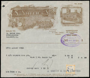 1937 Yalumba Vineyards illustrated invoice (corner filing fault) with a very fine 'L.T.D./ 2&frac12;d. /W.A.' rouletted label affixed & tied by 'S SMITH & SON LIMITED' h/s. Not previously seen by us.