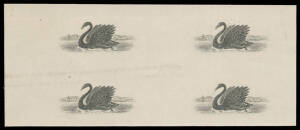 DUTY STAMP: 1904 Waterlow plate proof of the Swan vignette only in black on highly surfaced thick paper, marginal block of 4 from the left of the sheet, minor wrinkles. Very fine & rare: absent from Francis Kiddle's collection sold by Prestige on 23/9/201