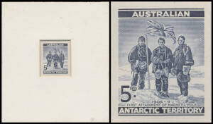 1961 5d Magnetic Pole die proof in the issued colour recessed in presentation mount (90x101mm) with boxed 'RBA/NOTE PRINTING/BRANCH/("16 /8-6-61")' h/s in violet on the reverse, flap lost & minor blemishes on the card but the proof is very fine. [Only 10