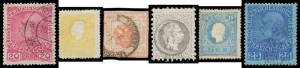Neatly presented mostly used collection with 1858-59 including Type II 2kr 3kr 10kr & 15kr all apparently unused and "St Andrew's Cross" labels in yellow red brown & blue (all with faults), 1860-61 3kr 5kr & 15kr all apparently unused plus used 2kr x5 & 3