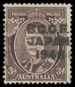 1946-48 Overprints 3d dark brown with the Overprint Double BW #J3ca (SG J3a), faint cds, Cat $2250 (&pound;1100) unmounted mint (unpriced used). [The initial faint overprint is misplaced about 3mm to the right, causing fragments of the adjoining overprint to ap