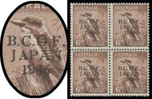 1946-48 Overprints 6d with 'B' & First 'A' in 'JAPAN' in the Wrong Fonts BW #J4g being the third unit in a block of 4, unmounted.