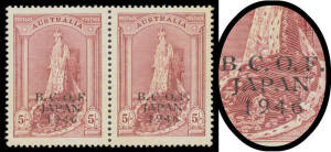 1946-48 Overprints 5/- Thick Paper horizontal pair, the second unit with unlisted Defective 'B'/'APAN'/'6', well centred, faint gum-toning, unmounted. Rare. Advertised retail $450+ as normal singles.