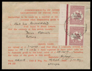 1949 complete Customs Declaration form for a parcel of dresses & buttons with Overprints 2/- marginal pair tied by the scarce 'AUST UNIT POSTAL STN/497' cds used at Kure. A very scarce & desirable item.