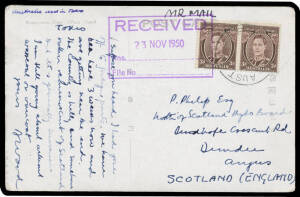 1950 social usage by air to Scotland of Japanese PPC with Australian 3d pair tied by light 'AUST ARMY' cds, minor bends. VERY scarce postcard usage.