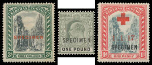 BAHAMAS: 'SPECIMEN' Overprints with QV 6d, Staircases SG 59-61 76 77 & 114, KEVII 1d to &pound;1 SG 62-70, 1917 Red Cross Overprint & 'WAR TAX' Overprints x9 (3d SG 98 is defective), a few mostly minor problems, large-part o.g., Cat &pound;1000 approximately. (24)