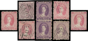 BAHAMAS: 1858-82 Chalons collection with GB Used in Bahamas 1d (badly faded, Cat &pound;2500) & 6d (trimmed wing-margin), No Wmk 1d to 6d SG 4-6, 1862 De La Rue printings 1d SG 8 x3 & 9, 4d SG 18 & 6d SG 19, Crown/CC 1d shades unused x12 & used x3, 4d unused x2