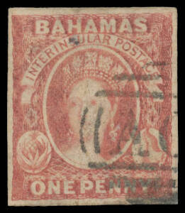 BAHAMAS: 1859-60 No Wmk Imperf 1d reddish lake on Thick Opaque Paper SG 1, good even margins, a little soiled, Cat &pound;2250.