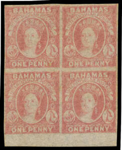 BAHAMAS: 1859-60 No Wmk Imperf 1d reddish lake on Thin Paper SG 2 marginal block of 4 from the base of the sheet, margins close to huge, large-part o.g. & the lower units are unmounted, Cat &pound;260++.