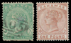 BAHAMAS: 1882-98 De La Rue 1d to &pound;1 (hinge remainder) SG 47-57 mint plus shades including 1d pale rose & 2&frac12;d dull blue, used to 5/- x2 plus &pound;1 with a fake cancel, also 1/- SG 38 used, SG 39 used x5 & 39b mint x4 etc, a few blemishes but generally fine to 