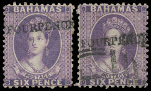 BAHAMAS: 1883 'FOURPENCE' Surcharge on 6d deep violet SG 45, one with large-part o.g., the other fine used, Cat &pound;900.