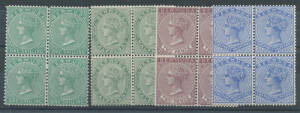 BERMUDA: QV Perf 14x12&frac12; 1/- blue-green SG 11 block of 4, minor tonespot on the first unit, lightly mounted; & 1883-1904 CA &frac12;d grey-green, 2d brown-purple & 2&frac12;d deep ultramarine blocks of 4 with virtually full o.g. & the lower units unmounted; Cat &pound;200++. 