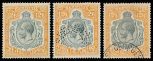 BERMUDA: 1924-32 Script KGV Keyplates 2/- x3, 2/6d x12 with a good range of shades, 10/- x5 & 12/6d x3 + perf 'SPECIMEN', and Postal Fiscal 12/6d SG F1 with per favor cds, Cat &pound;2000+ (minimum) + SG F1 Cat &pound;1500 with cds dated between February & April 1937
