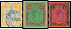 BERMUDA: the companion used group including 2/6d SG 117a x2, 10/- SG 119 on small piece, 12/6d Perf 13 x3, &pound;1 SG 121 & 121e, etc, generally very fine, Cat &pound;2400 (not including several with dubious cancels). (58)