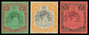 BERMUDA: 1938 Perf 14 Original Issue 2/- to &pound;1 SG 116-121 perf 'SPECIMEN', the 5/- with rounded lower-right corner, some characteristic tropicalisation of the gum, unmounted, Cat &pound;2000 (for the set of 16, including the Pictorial low values SG 110-115). (6