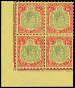 BERMUDA: Perf 14 5/- pale bluish green & carmine-red/pale yellow SG 118d lower-left corner block of 4, unmounted, Cat &pound;400+.