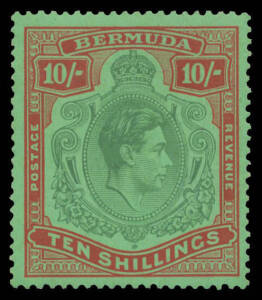 BERMUDA: Perf 14 10/- green & deep lake/pale emerald SG 119, well centred, minor characteristic tropicalisation of the gum, lightly mounted, Cat &pound;450.