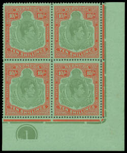 BERMUDA: Perf 13 10/- green & vermilion/green SG 119e lower-right corner block of 4 with Plate Number '1', unmounted, Cat &pound;200++. Superb!