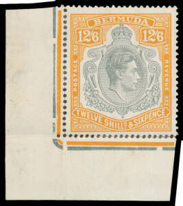 BERMUDA: Perf 14 12/6d deep grey & brownish orange SG 120 lower-left corner example, characteristic tropicalisation of the gum, the margins partly separated & rejoined, Cat &pound;550.