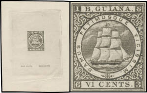 BRITISH GUIANA: 1863 New Design 6c 'VI CENTS' die proof in black on thick wove paper (84x112mm) with tablets for the two highest denominations 24c 'XXIV CENTS' & 48c 'XLVIII CENTS' below & exhibiting the outer dimensions of the die. Very fine, unique and 