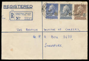 1961 commercial usage of a privately produced linen-lined 'REGISTERED' envelope to Singapore with QEII 4c 6c & 20c tied by #2 cds, scarce 'CHRISTMAS ISLAND/(Indian Ocean) Aust' registration label, Singapore arrival b/s. A very scarce item.