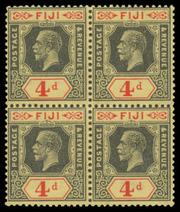 1912-23 MCA 4d black & red/orange-buff SG 131b block of 4, unmounted, Cat &pound;200+ (mounted).