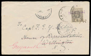 1922 commercial cover to a New Zealand Member of Parliament with KGV 2d grey tied by a very fine strike of the scarce straight-line 'BAULAILAI' cancel in violet & manuscript "8 11 22" and fair transit cds of 11/NOV/1922, Suva transit b/s, on arrival at We