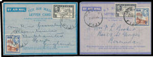 POSTAL STATIONERY: Box with a very good duplicated unused array of mostly QEII issues plus an excellent range of commercially used items with Aerogrammes including formular types curved NZ header from Nausori to USA & from Navua to Bermuda!, curved Fiji h