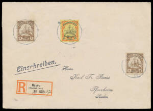 MARSHALL ISLANDS - NAURU: 1909 correctly rated philatelic cover to Germany with 3pf x2 & 25pf tied by light but clear strikes of the Nauru cds, 'Nauru/(Marshall Ins.)' registration label with the number amended, 'PFORZHEIM' arrival b/s, some very minor to