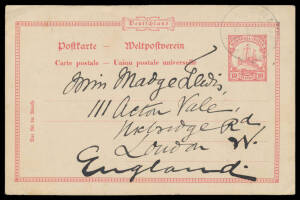 MARSHALL ISLANDS - NAURU: commercial usage of 10pf Postal Card to England with Nauru cds, message headed "SS Ocean Queen moored off Nauru (Pleasant Iland)" states "...ye sea off ye reef is too deep to anchor...wd be of little importce but for...large phos