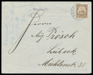 MARSHALL ISLANDS - NAURU: 1910 cover with private 'Drucksache' (= printed matter) h/s in blue & solo franking of 3pf tied by fine Nauru cds, to Germany with Sydney transit backstamp & manuscript endorsement on the face "Received in/Ship Room without/conte
