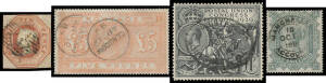 Valuable selection with 1847 Embossed 6d 10d &1/- all cut square (close), Watermark Maltese Cross 5/- rose, 10/- greenish-grey with Manchester Accounts cds, &pound;1 brown-lilac (heavy cancel), Wmk Anchor &pound;5 orange with two Glasgow cds (scuffed & staple holes a