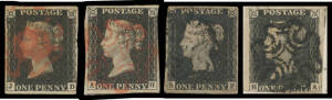 1840 "Penny Black" 1d black six presentable examples with 3 to 3&frac12; margins, three on piece (one with 'PONTEFRACT/FE20/1841' b/s), Cat &pound;2250 (minimum). (6)
