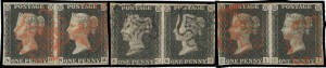 1840 "Penny Black" 1d black three horizontal pairs, two with full margins - just clear in places - and one (noted as Plate 4) slightly cut-into at upper-right, Cat &pound;3600 (minimum).