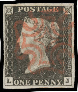 1840 "Penny Black" 1d black SG 2 Plate 3 [LJ], good even margins, neat red M/C, Cat &pound;500. A lovely example of the world's first adhesive stamp.