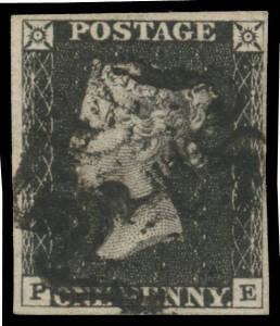 1840 "Penny Black" 1d black Plate 1b with the Watermark Inverted SG 2e, margins close to good, ironed-out vertical crease, untidy black MC cancel, Cat &pound;2500.