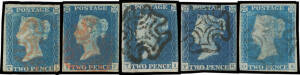 1840 "Tuppence Blue" 2d blue five sound to fine examples in various shades, two with three margins & two with four margins, Cat &pound;4500 (minimum).