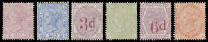 1873-80 Surface Printed group with Wmk Orb 2&frac12;d rosy-mauve Plate 3, Wmk Crown 2&frac12;d blue Plate 23, '3d' on 3d lilac, Wmk Large Garter 4d sage-green Plate 16, 6d on 6d lilac and 1/- orange-brown Plate 13, unused, Cat &pound;5300. ( )