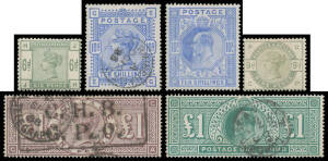 1883-1936 mostly mint with QV Lilacs & Greens to 1/- (4d & 5d used), High Values 2/6d, 5/- (creases & adhesions) & 10/- with Birmingham cds, Watermark Orbs &pound;1 lilac-brown SG 186 with Clearing House Branch boxed cancel and telegraph cds, Jubilees to 1/- (b