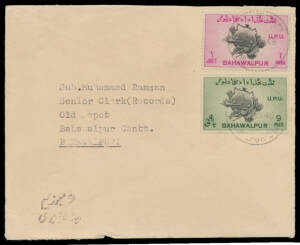 BAHAWALPUR: 1949 cover with embossed Coat-of-Arms on the flap, to "Old Depot/Bahawalpur Cantt" with rare franking of UPU Perf 17&frac12;x17 9p & Perf 13 1a tied by an indistinct cds of --NOV49, small opening fault at the base & a little aged, Isani & Abid Cat &pound;2