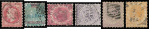 Very fine 'NEBONG/[crown]/T[IB]AL' on CA 2c rose, superb 'S'-in-bars of Sarawak on CC 6c lilac, very fine 'MEDAN' (Dutch indies) on CA 8c orange, very fine 'PENANG' cds on French 80c, fine 'NI POSTAGENT PENANG' squared-circle on CA 6c lilac, etc, also a f