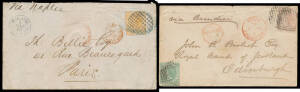 Superior group comprising 1858 stampless entire to Mauritius "p City of London"; 1867 stampless entire with 'PENANG/11/DEC/1867/P.O.' cds & French 'POS.ANG.V.SUEZ/P.AN.A.MARS' mailboat cds in red; 1867 badly dessicated cover to Bombay with East India 4a c
