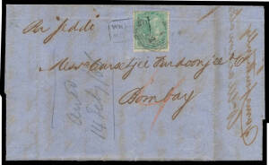 1866 mercantile entire headed "Singapore 20 Jany 1866" & signed "Wm McDonald & Co", to Bombay rated "4" in red with East India 4a blue-green tied by boxed 'WM Mc DO/NO...' security "chop" & a poor octagonal 'B/172' cancel of Singapore (unusually with no d