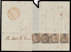 1867 part-entire to India "Per P&O Str Emeu" with scarce franking of '[crown]/THREE CENTS' on 1a brown SG 3 single & strip of 3 (Cat &pound;380+ x20+ on cover) tied by 'B/172'-in-octagon h/s of Penang, superb 'GPO/MADRAS/OC12/1867/OVERLAND MAIL' (TPO ?) b/s in 