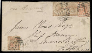 1870 cover to Scotland "via Brinidisi with 2c brown single & pair and 32c pale red SG 18 (small faults, Cat &pound;70 x12+ on cover) tied by 'PENANG/DE8/70 - D17' duplex (Proud #KD5), fair arrival b/s of JA9/71, minor soiling & repaired flap fault. [Ted Proud 