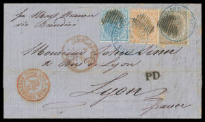 1872 large-part mercantile entire to France "per Mail Steamer/via Brindisi" with three-colour franking of 2c brown, 8c orange & 12c blue tied by two very fine strikes of 'KALTENBACH ENGLER & Co/29/JUN/1872/SINGAPORE' firm's cds in blue, three early large-