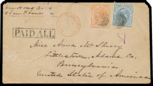1873 cover to Pennsylvania "via Hong Kong/& San Francisco" with 8c orange & 12c blue tied by small bars "killer" (Proud #K17), very fine 24mm 'SINGAPORE/MR28/73/PAID' cds in red & superb strike of the boxed 'PAID ALL' Postal Convention h/s (#PD2; rated 50